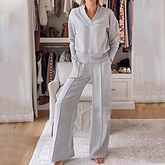 49-off-women-s-solid-color-v-neck-top-pants-two-piece-set-5083